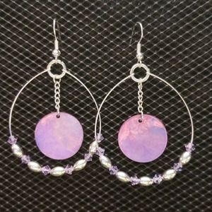 Purple, lavender and silver teardrop hoop earrings